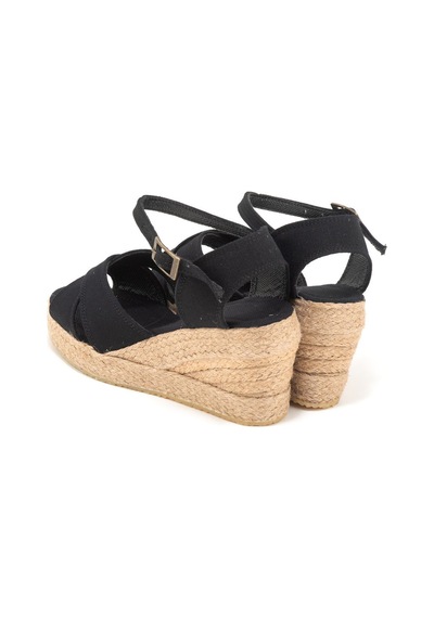 Star Tombis Gerçek Elişi 9cm Topuklu Platformlu Dolgu Topuk Keten Çapraz Sandalet Handmade Siyah