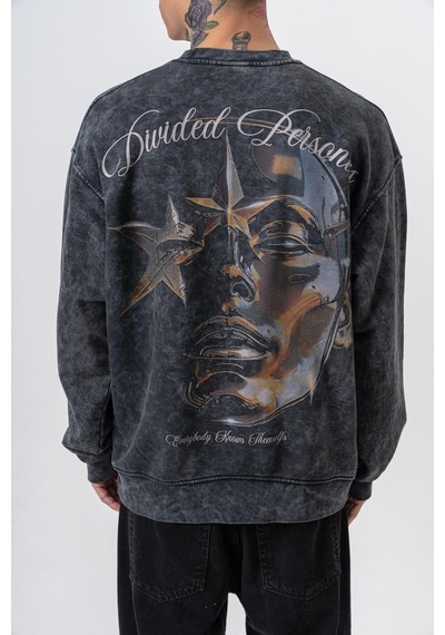 Respire Erkek Divided Baskılı Yıkamalı Bisiklet Yaka Oversize Sweatshirt Siyah