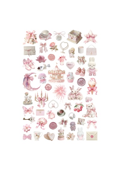 57 Adet Coquette Kawaii Tatlı Pembe Sticker Seti - Etiket Seti Scrapbook Bullet Journal