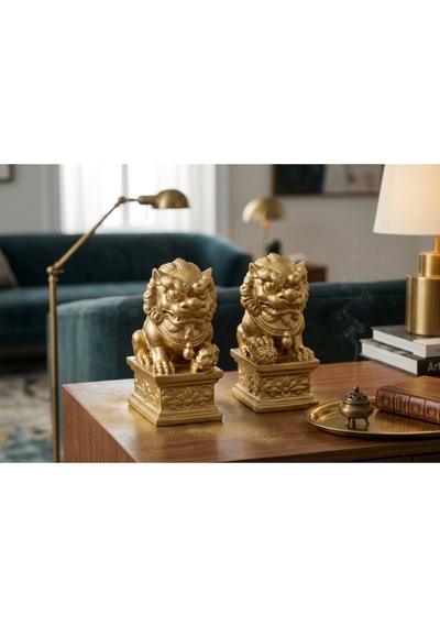 Feng Shui Altın Koruyucu Aslan Figürü Çift Güç, Koruma Ve Zenginlik Sembolü