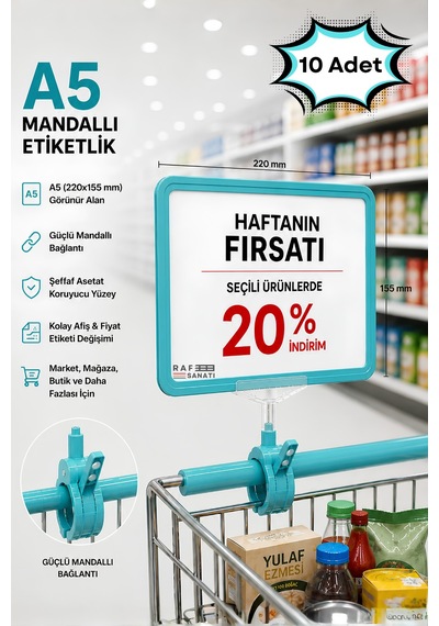 10 Adet - A5 Mandallı Etiketlik Fiyatlık Sepet Raf Askılık Fiyat Etiketi Çerçeveli Market Mağaza Turkuaz