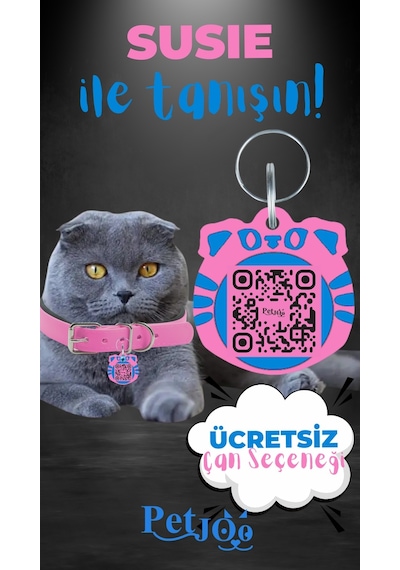 Petjoo 3.Susie Mavi-Pembe Qr'lı Kedi Künyesi