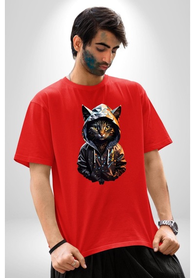 Hip Hop Gençlik Kedi Çeket Pamuklu Bisiklet Yaka Unisex Oversize Boyfriend Dijital Baskılı Kırmızı T-shirt Kırmızı