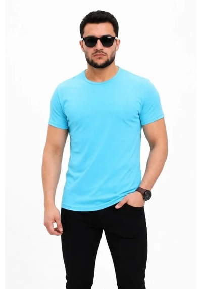 Modi Erkek Basic Tişört Bisiklet Yaka Kısa Kol Günlük Yazlık Slim Fit T-shirt - Açık Mavi Açik Mavi