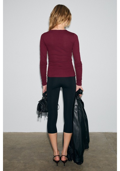 ETHIQUET INSSAZA Kadın Vücuda Oturan Büzgülü Slim Fit Bordo Bluz