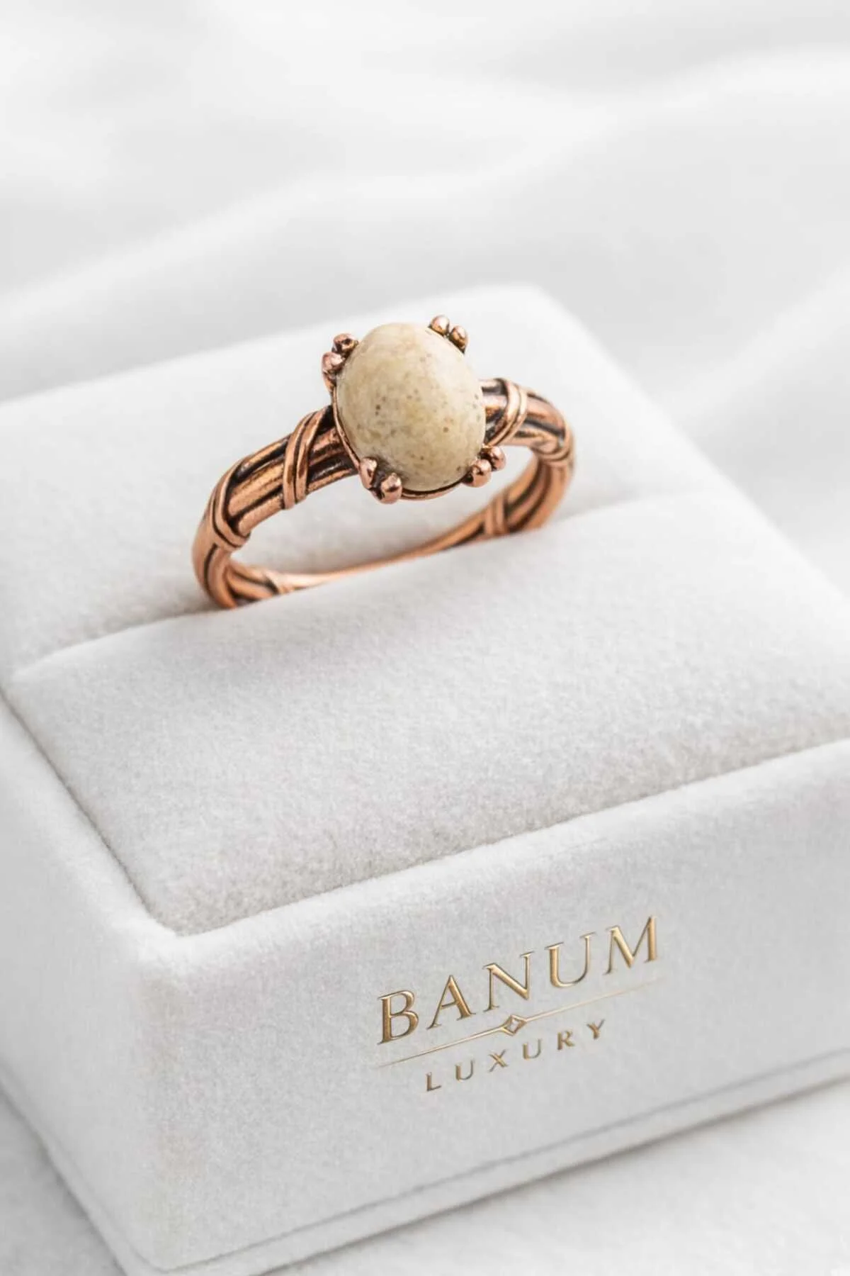 Banum Luxury Doğal Jasper Taşlı El İşi Şık Bakır Yüzük Bej