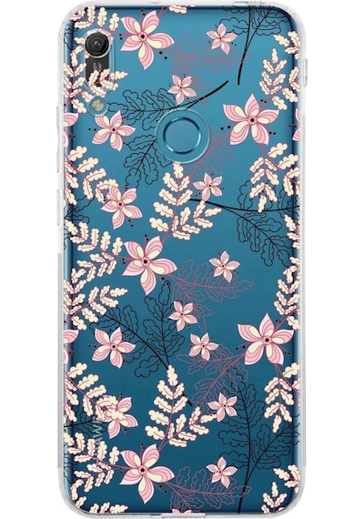 Huawei Y6 Pro 2019 Kamera Korumalı Kapak Floral Kırmızı Tasarımlı Şeffaf Kılıf