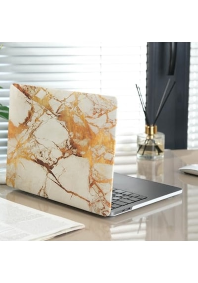 Macbook Air 13.3 İnç Kılıf A1932 A2179 A2337 M1 Uyumlu Sert Kapak Hard Case Koruyucu Mermer Desenli İnce Hafif Laptop Kılıfı Sarı
