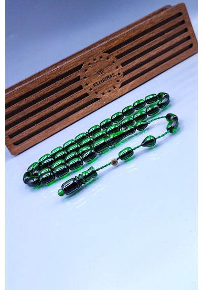 8 x 12 MM Yeşil Zar Kehribar Tesbih - Enes Abdo Usta İmzalı Tespih