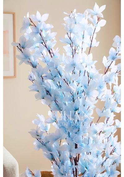 Yapay Açık Mavi Sakura Kiraz Çiçeği Ağacı 120 Cm - Küre Plastik Saksılı 27x33 Cm Saksı Beyaz