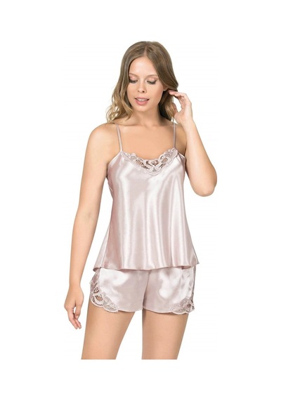 İkikareshop Pudra Saten Babydoll Şort Takımı Zarif Kadın Gece Giyim Çok Renkli