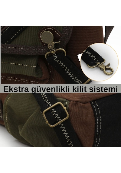 Cappadocia Vintage 4017 Haki Kahve 14" Laptop Pamuk Gabardin Postacı Okul Çantası Unisex Kilitli Çok Cepli Omuz Askılı Haki - Kahverengi