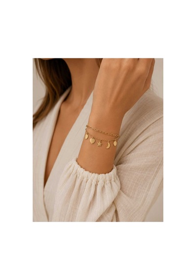 Gold Charm Bileklik Kalp, Yıldız Ve Ay Figürlü Zarif Tasarım Altın - 889161373 Altın