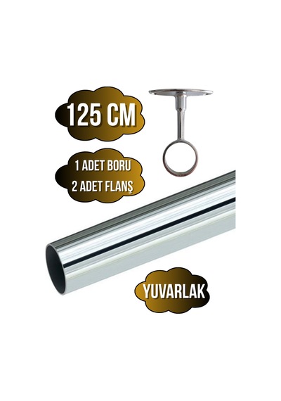 Metal Yuvarlak Krom Mobilya Dolap Askı Borusu 125cm 2 Adet Ayaklı Açık Flanş-1 Adet Boru Çap:25mm Gri