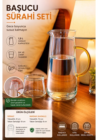 Başucu Cam Sürahi Ve Bardak Seti Kulplu Şık Tasarım Gece Su Sürahisi Bardak Kapaklı Cam Karaf Seti 1,3 Litre