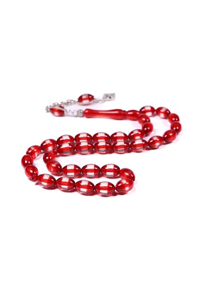 Kırmızı Sürmeli Toz Kehribar Tesbih 12x8 Mm