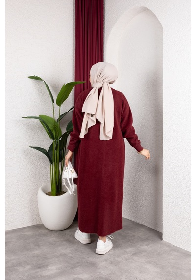 Hira Life Fashion Kadın Şal Yaka Uzun Triko Ve Sakallı Tüylü Hırka Bordo Bordo