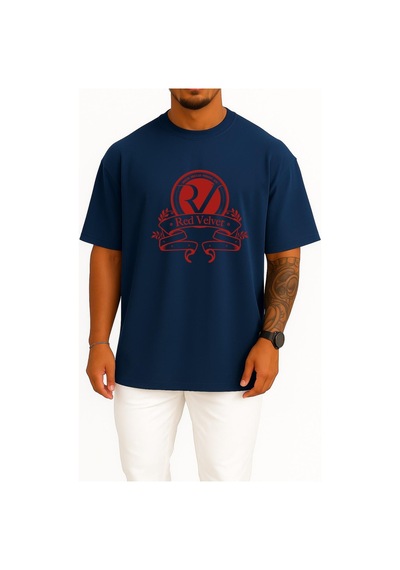 Bahriyeli Collection Oversize Red Velvet K-pop Logo Korean İdol S.m Göğüs Tasarımlı Unisex T-shirt Lacivert