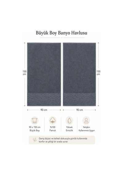 2'li Büyük Boy Banyo Havlusu 90x150 Cm %100 Pamuk Siena Collection 650 Gr İndigo