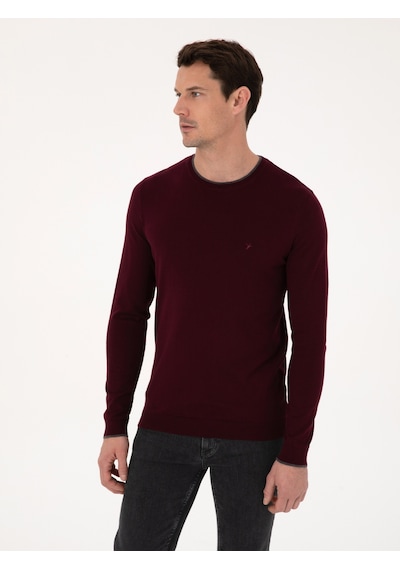 Cacharel Bordo Slim Fit Pamuk Karışımlı Bisiklet Yaka Triko Kazak Kırmızı