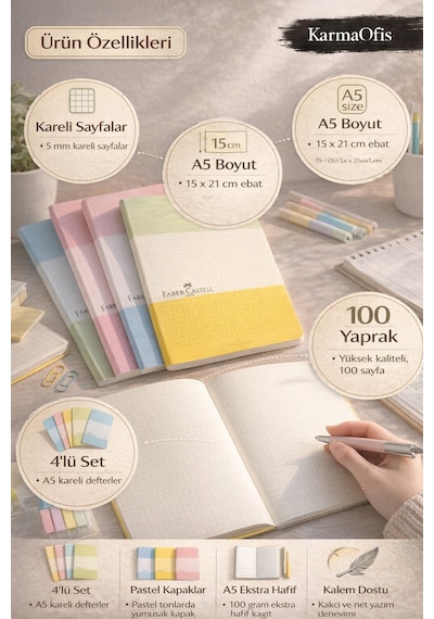 A5 Pastel Defter Seti 4'lü 100 Yaprak Kareli A5 Defter Pastel Renkli Okul Ofis Not Defteri