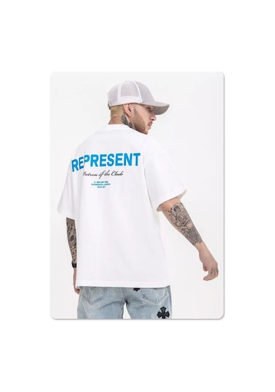 Flood Of Style Erkek Beyaz Represent Baskılı Bisiklet Yaka Tshirt Mavi