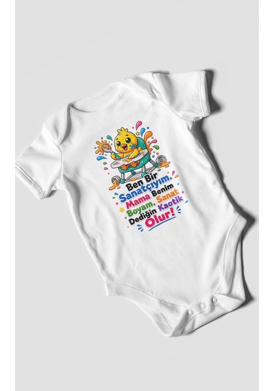 Morivokids Ben Bir Sanatçıyım Yazılı Kısa Kollu Bebek Body %100 Pamuk Beyaz