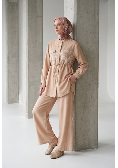 Armine Trend Çiçek Desenli Beli Büzgülü Tunik Ve Geniş Paça Pantolonlu Takım Bej 26yt6156