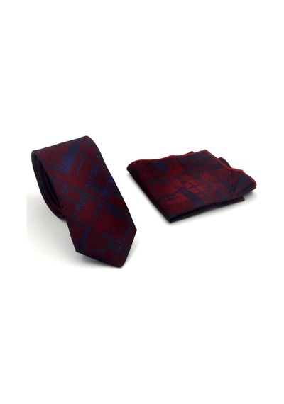 Gaffy Lacivert Desenli Bordo Dokuma Kumaş Mendilli Slim Fit Kravat // Sdk-2601-4 Bordo