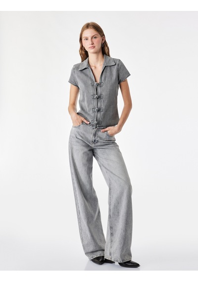 Koton Rahat Kalıp Kısa Kollu Napolyon Kapama Detaylı Denim Bluz Gri 7wal30009md