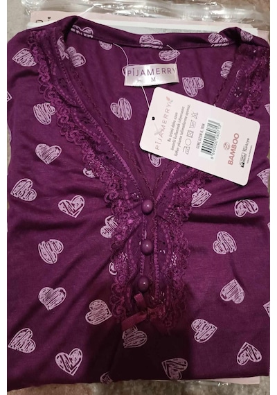 Pijamerry Kadın Bambu Baharlık Dantel Yaka Uzun Kol İnce Pijama Takımı 5206m - 1 Adet Mor