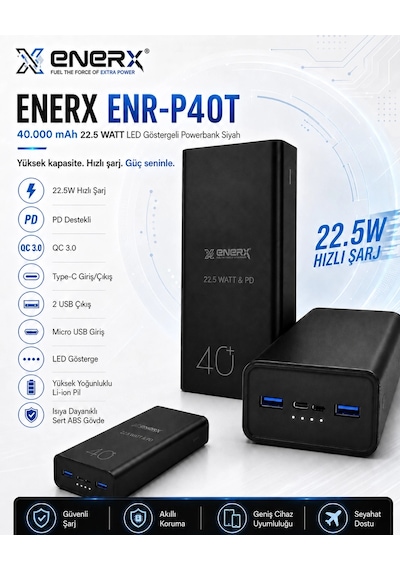 Enerx Enr-p40t 40.000 Mah 22.5 Watt Led Göstergeli Powerbank Siyah