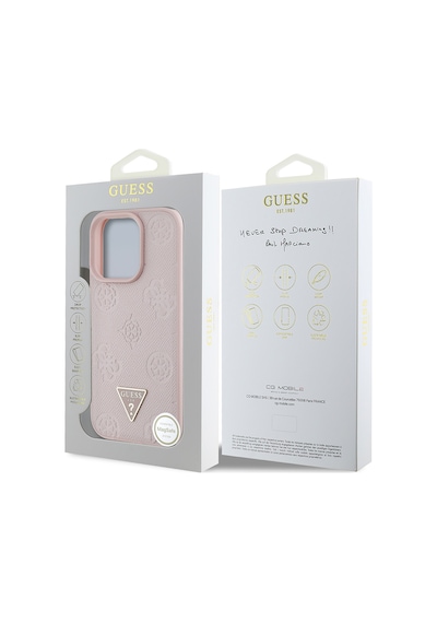 Apple Uyumlu iPhone 15 Pro Max Kılıf Guess Lisanslı Magsafe Özellikli Üçgen Logolu Pu Deri Peony Kapak Pembe