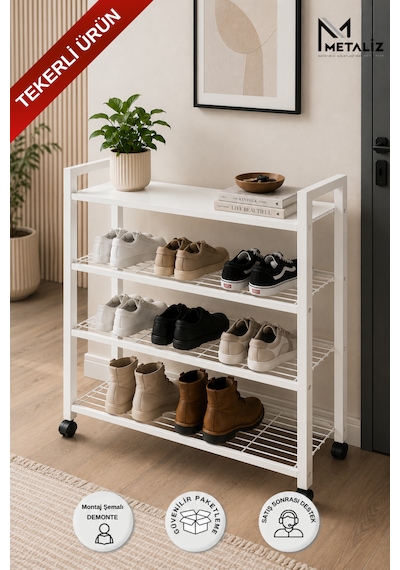 Loft 4 Katlı Siyah Tekerlekli Metal Ayakkabılık, Ahşap Mdf Tablalı, Çok Amaçlı Ayakkabı Düzenleyici, 77x30x70 Cm Beyaz Loft 4 Katlı Siyah Tekerlekli Metal Ayakkabılık, Ahşap Mdf Tablalı, Çok Amaçlı Ayakkabı Düzenleyici, 77x30x70 Cm Beyaz