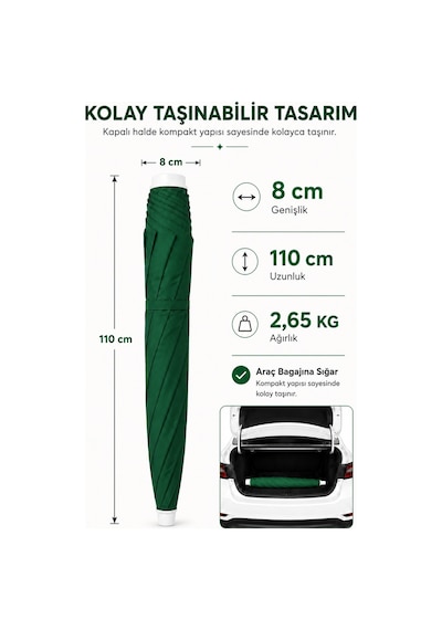 Yeşil Plaj Şemsiyesi 200 Cm Çap /10 Telli, Polyester Kumaş Yeşil