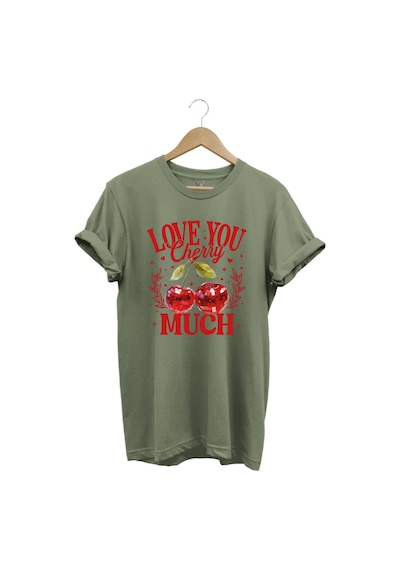 Love You Cherry Much Yazılı Kiraz Baskılı %100 Pamuk Unisex Regular Fit T-shirt Haki