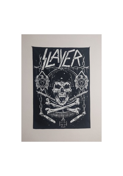 Metallica Slayer Siyah Beyaz Logolu Desenli Tasarım Duvar Halısı