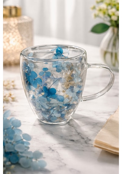 Makri Home Mavi Çiçekli Çift Cidarlı Cam Kupa, 350 Ml, 11 Cm X 8 Cm Çok Renkli