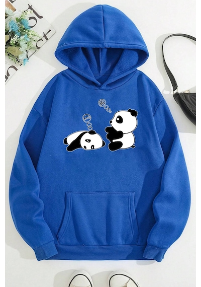 Unisex Panda Baskılı Oversize Sweatshirt Mavi
