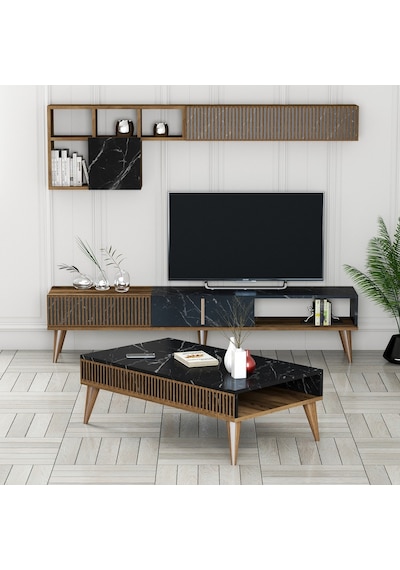 Variant Milan 3'Lü Salon Takımı - Ceviz - Siyah Mermer
