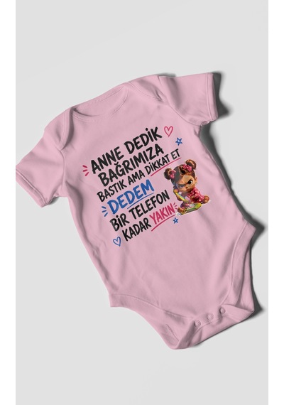 Morivokids Anneye Ve Dedeye Özel Kısa Kollu Bebek Body %100 Pamuk Koyu Pembe