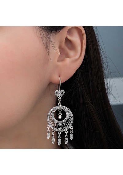 Gümüş Çember Telkari Sallantılı Kadın Küpe 14 MM-Gümüş