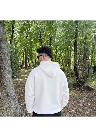 Erkek 3 İplik Basic Oversize Geniş Kesim Kanguru Cepli Kapüşonlu Sweatshirt Beyaz