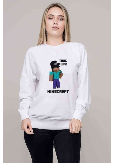 Mine Craft Thug Life Baskılı Beyaz Kadın Sweatshirt