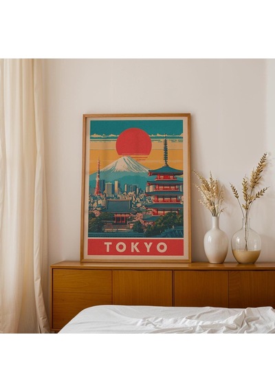 Retro Tokyo Seyahat Posteri: Fuji Dağı Ufuk Çizgisi Sanatı &