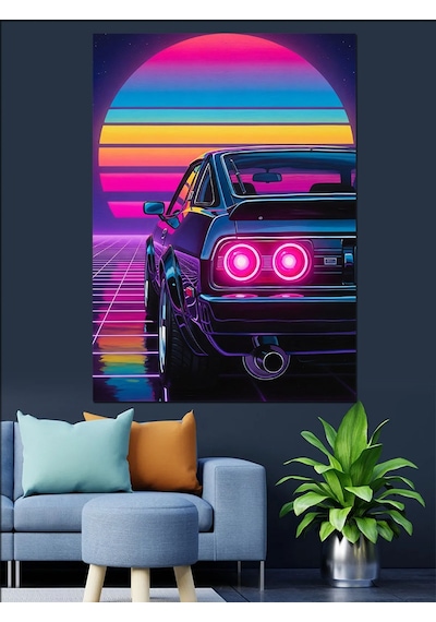 Ahşap Tablo Neon Arkadan Görünüm Araba