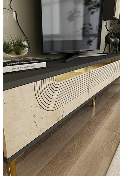 Tsa1805atg Meyra Tv Sehpası Antrasit-traverten-gold 180cm Antrasit - Traverten - Altın