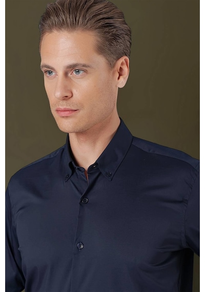 Efor Slim Fit Düğmeli Yaka Esnek Pamuk Klasik Lacivert Gömlek Gk 708 Lacivert