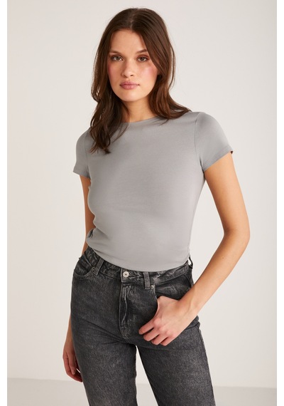 ETHIQUET ZE DA Kadın %100 Organik Pamuk Slim Fit Dar Kesim Bisiklet Yaka Kısa Kollu Gri T-shirt