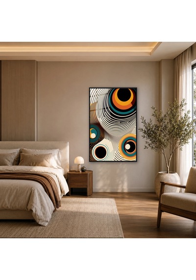 Retro Spiraller Ve Renkli Daireler Siyah Çerçeveli Cam Tablo